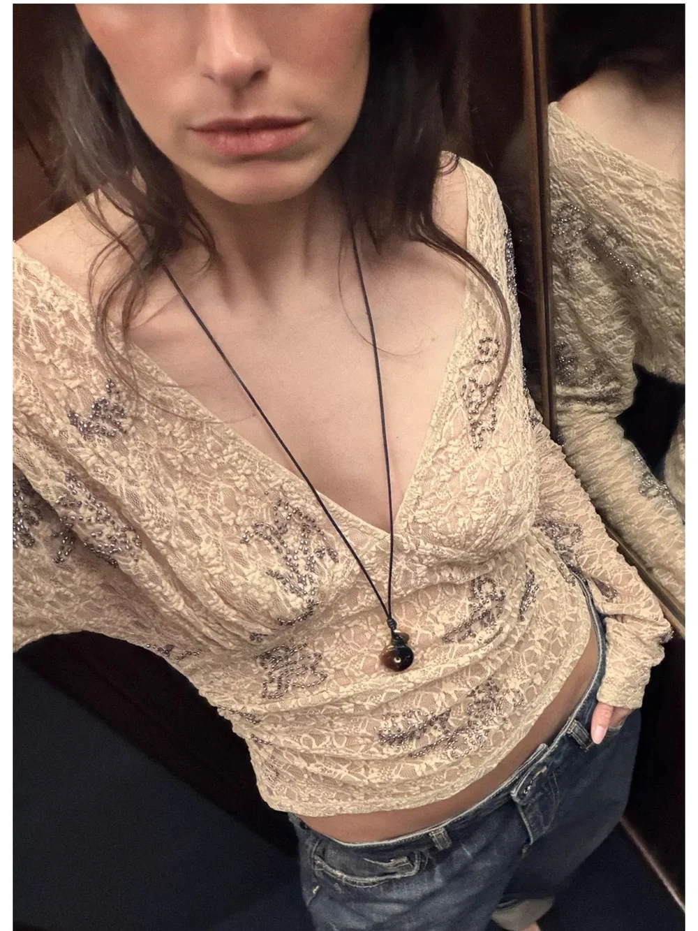 Zara Embroidered Beaded Beige Lace V-Neck Long Sleeve Blouse